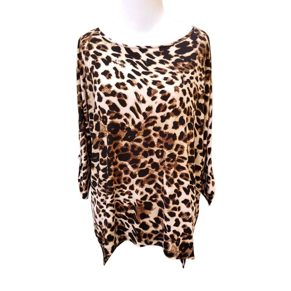 Clara Sun Wool Black Tan Animal Print High Low Top 3/4 Dolman Sleeve Sz Small